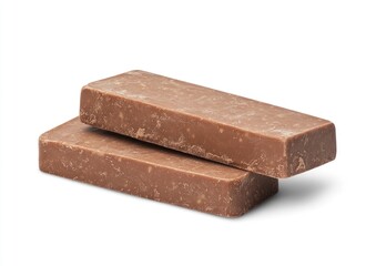 Two stacked, rectangular chocolate energy bars against a white background.  The bars are a rich, milk chocolate color, and their surfaces show slight texture and markings