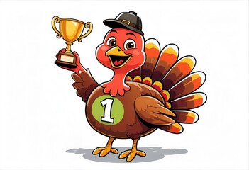 Cartoon Turkey Holding Mini Trophy in One Wing with a Wide Smile on White Background