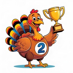 Cartoon Turkey Holding Mini Trophy with Number Two on Belly Smiling Wide Background