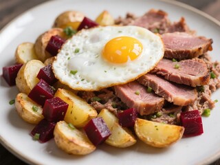 Labskaus (Rustic Version). This variant highlights the dish with pan-fried potatoes, roasted beet cubes, and seared corned beef slices under a fried egg