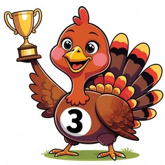 Cheerful Cartoon Turkey Holding Mini Trophy in Wing with Racing Number on Belly