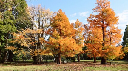 Close-up of a metasequoia tree with soft green needles, straight tall trunk, and pyramid-shaped canopy, showcasing its deciduous nature as leaves turn rusty-orange in autumn, thriving in a garden, par
