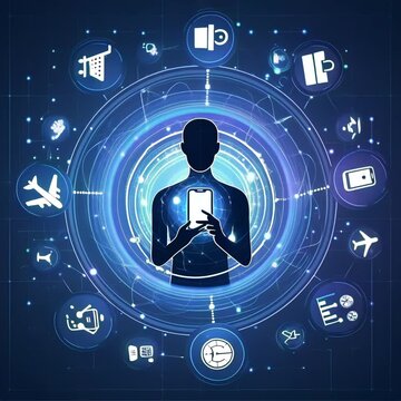Man with smartphone: chaotic kaleidoscope of icons &mdash; tasks, social media, shopping and travel in digital space.