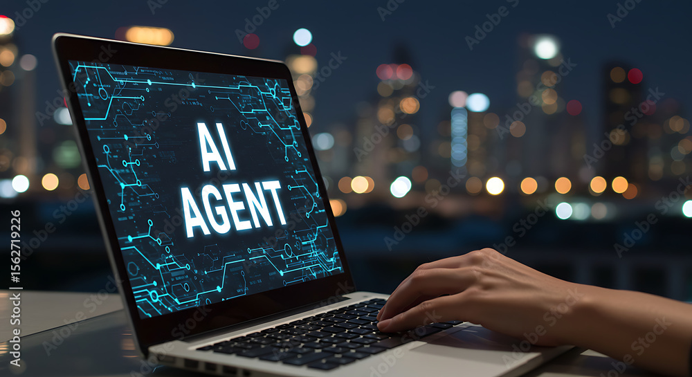 Poster close up of a person s hand typing on a laptop displaying ai agent text with a futuristic circuit bo