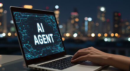 Close up of a person s hand typing on a laptop displaying ai agent text with a futuristic circuit board pattern and a blurred city skyline at night in the background isolated on white background