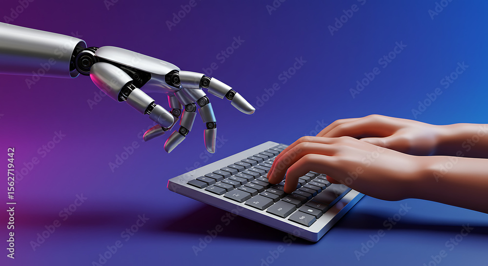 Poster advanced robot hand interacting with human hands typing on a keyboard representing future technology