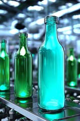 Empty glass bottles on conveyor belt