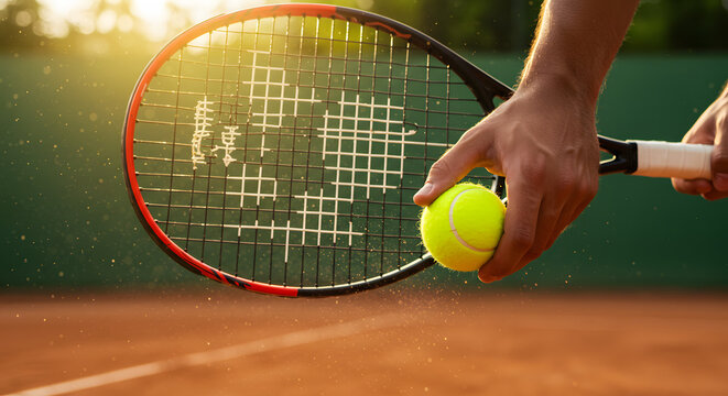 Tennis Player Holding Bright Yellow Tennis Ball and Racket on Clay Court at Sunset - Powered by Adobe