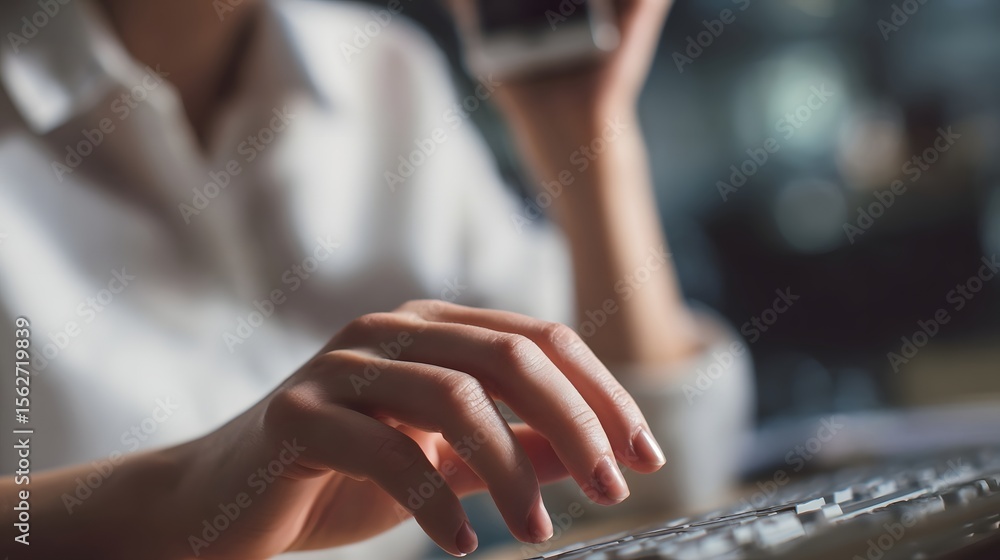 Poster close up view of a person s hands typing on a computer keyboard while working at a desk in a profess