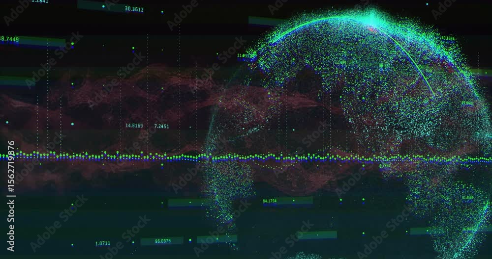 Poster red cloud materializing behind green-blue waveform driving data points forming rotating globe