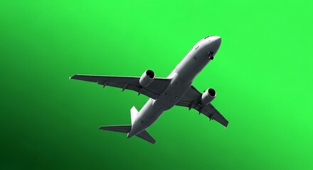 Obraz premium White passenger airplane flying from below against a vibrant green background