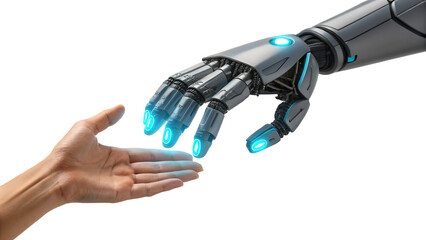 Futuristic Robot Hand Reaching Toward Human Palm with Glow