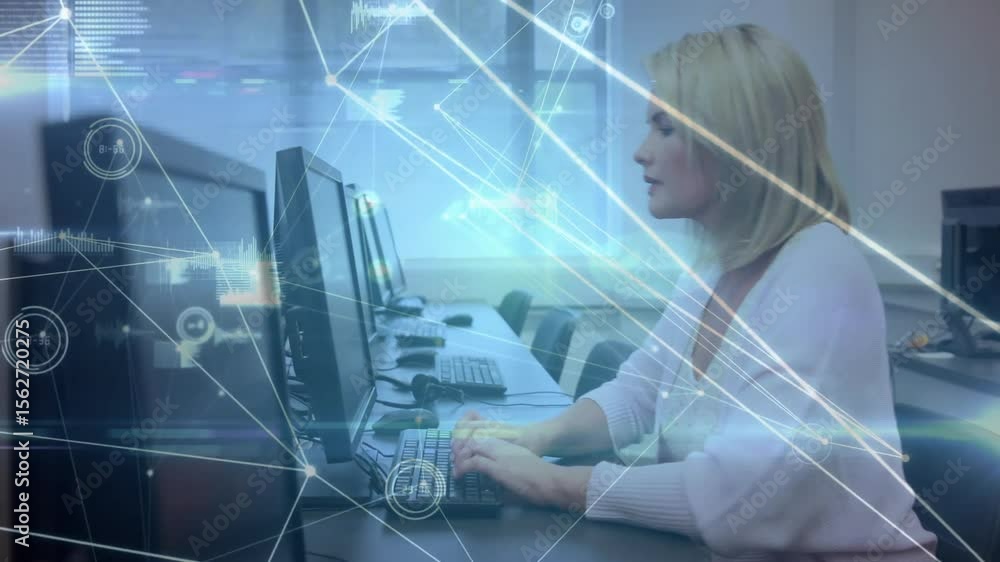 Poster woman typing at computer station and activating animated network overlay for data insights in tech