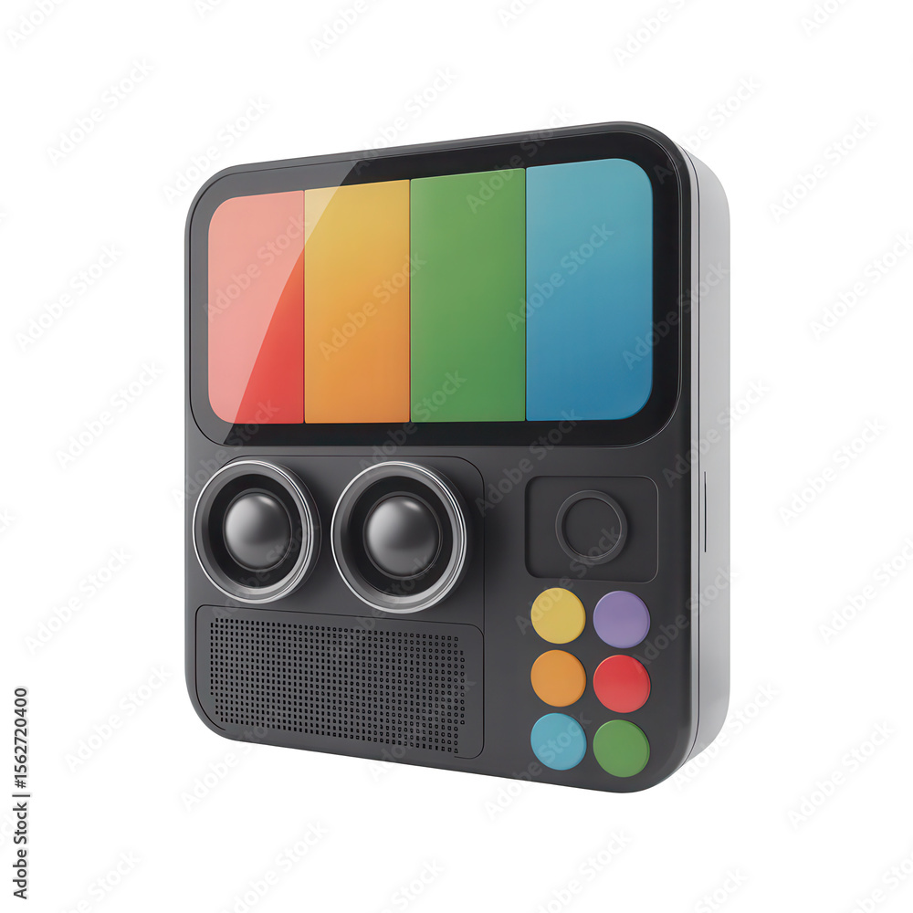 Poster retro style television set with colorful screen display and dual speakers isolated on transparent ba
