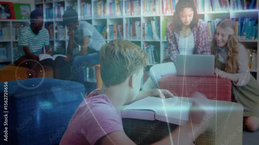 Poster five students flipping texts and typing on laptop in library, activating animated learning overlays