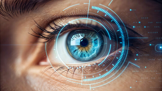 Eye showing digital interface HUD elements in sci-fi futuristic style