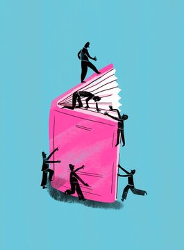 Small characters study a book