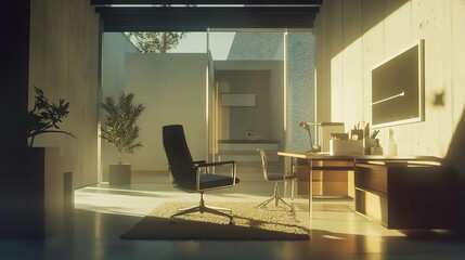 Fototapeta premium Modern office interior design with desk and chair in sunlight minimalist workspace architecture