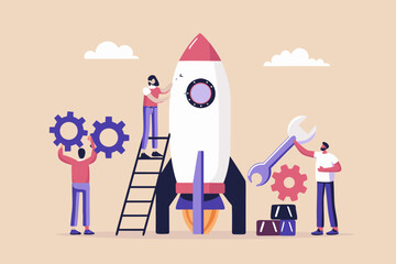 Teamwork building a rocket ship startup concept innovation and development vector illustration