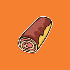 A colorful vector illustration of a Swiss roll dessert featuring chocolate glaze and vibrant details, set against an orange backdrop. Perfect for culinary design, dessert concepts.