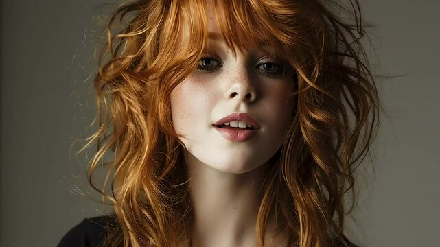 Beautiful young woman with wavy red hair and natural makeup with ai generated