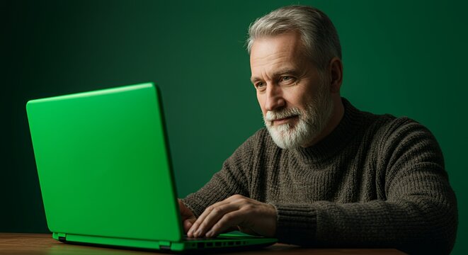 A thoughtful senior man with a gray beard uses a vibrant green laptop, illuminated against a dark green background. - Powered by Adobe