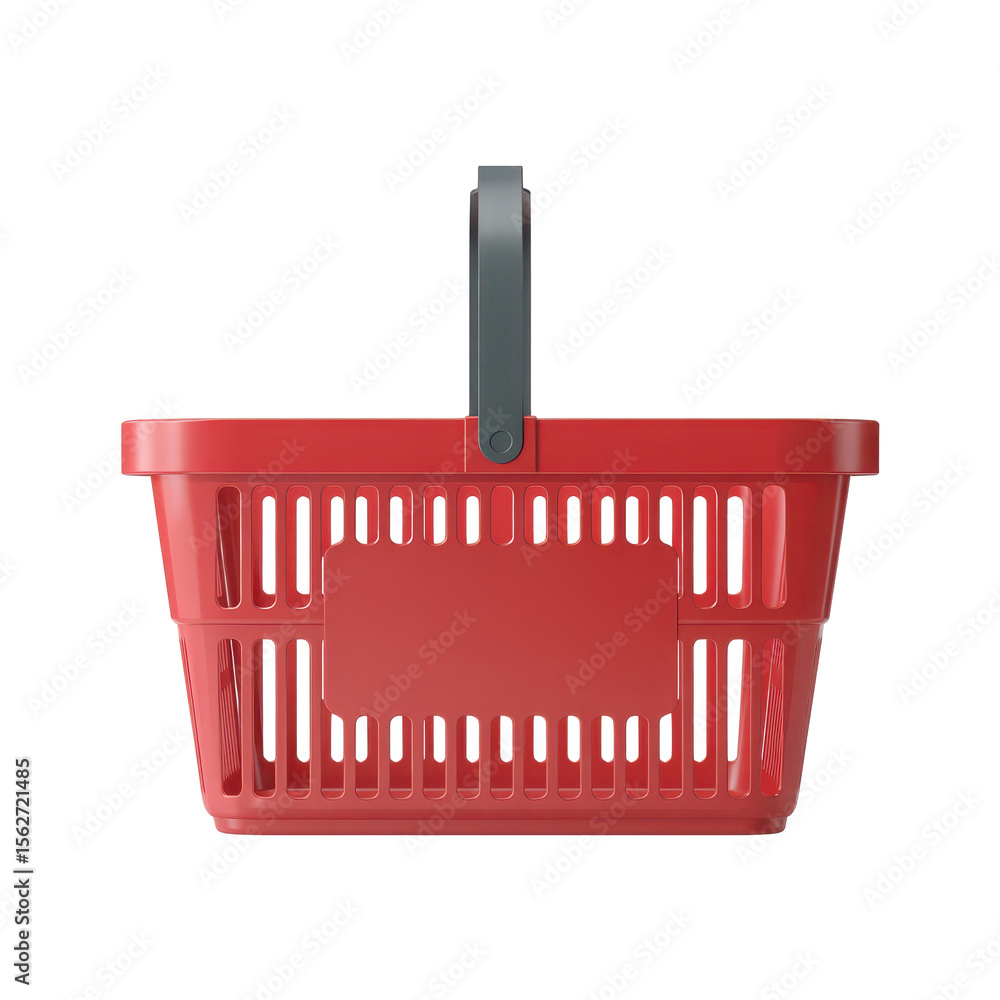 Poster a bright red plastic shopping basket with a grey handle and a blank rectangular label area for brand