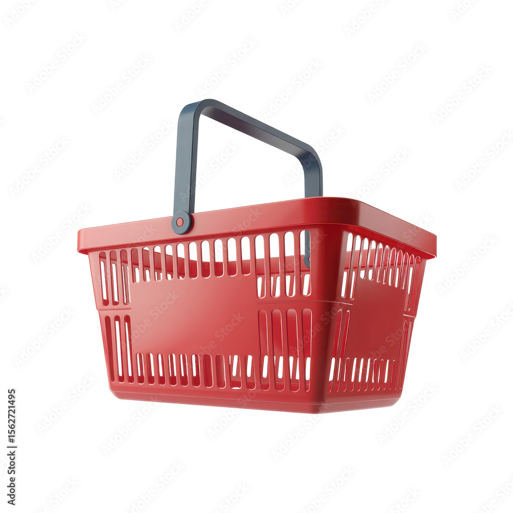 Poster a bright red plastic shopping basket with a gray handle is shown from a low angle isolated on a tran
