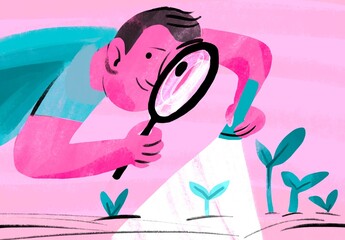Man examines a plant with a magnifying glass