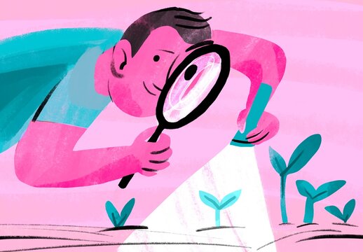 Man examines a plant with a magnifying glass