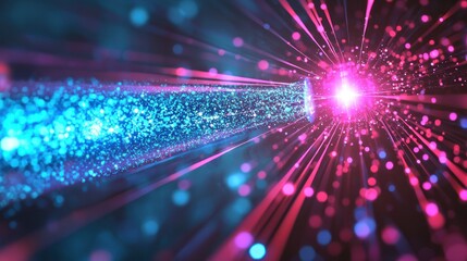 Obraz premium A vibrant, colorful abstract digital artwork featuring a pink and blue light beam emerging from a central point.