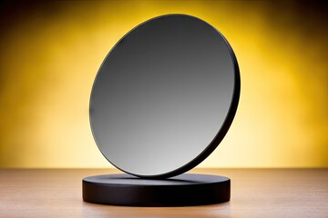 Round black mirror on a dark pedestal,  a simple, elegant object against a gradient yellow background