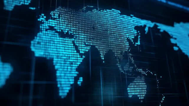 World map rendered with blue binary code, global communication
