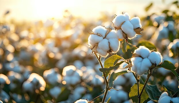 Fluffy white cotton bolls at sunset - Powered by Adobe