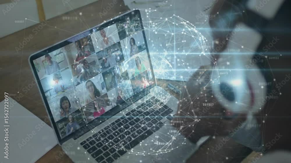 Poster business user opening laptop and joining virtual meeting showing rotating data globe for teamwork