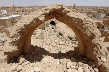 Ruined archway overlooking a devastated settlement.  A crumbling archway of light beige earth, broken and fragmented, frames a view of a deserted, dusty town.  Debris litters the ground below