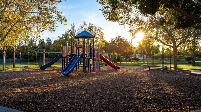 A vibrant playground with a blue roof and colorful slides, surrounded by trees and a clear blue sky with a sun shining through.