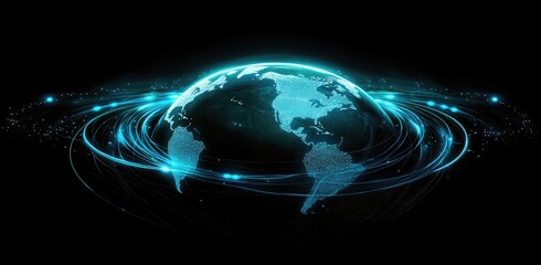 Globed Earth, digital graphic,  glowing rings,  dark background