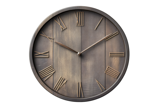 A classic wood wall clock showcases time with Roman numerals on a transparent background, perfect for decorative or informational designs.