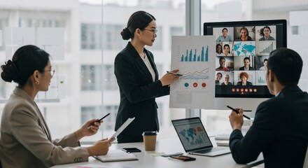 Asian businesswoman presenting data charts during a virtual meeting with diverse colleagues