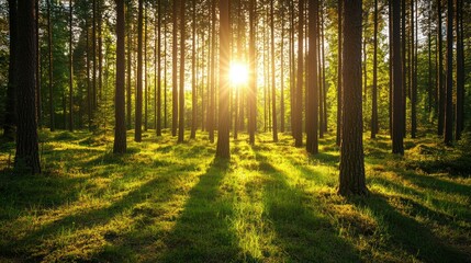 Obraz premium A serene forest scene with tall trees casting shadows on the ground, a sun shining through the canopy, and a grassy path leading through the forest floor.