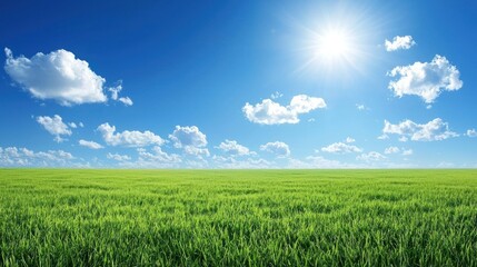 A vibrant green field with a bright blue sky and a sun shining down, creating a serene and picturesque landscape.