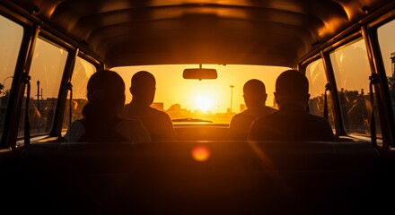 Silhouetted friends enjoy a sunset road trip in a vintage van, golden hour light illuminating their journey.