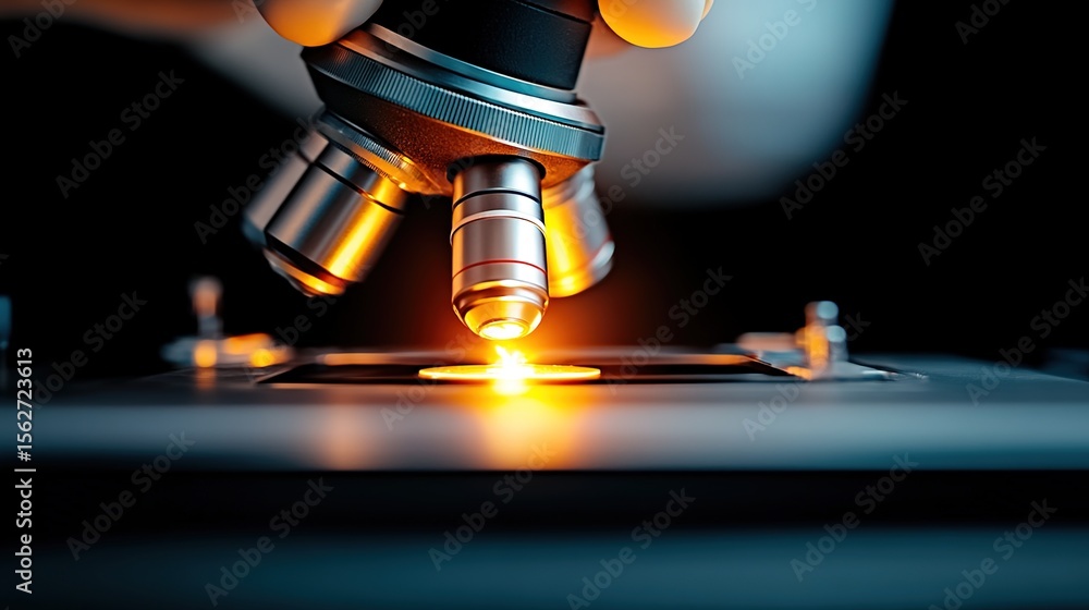 Poster close-up of microscope lens focusing on sample in laboratory setting