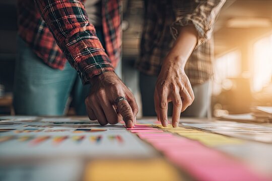 Close-up of two people collaborating, examining sticky notes on a table covered in charts and diagrams.  Focus on hands and notes.  Sunlight streams in, suggesting a productive meeting
