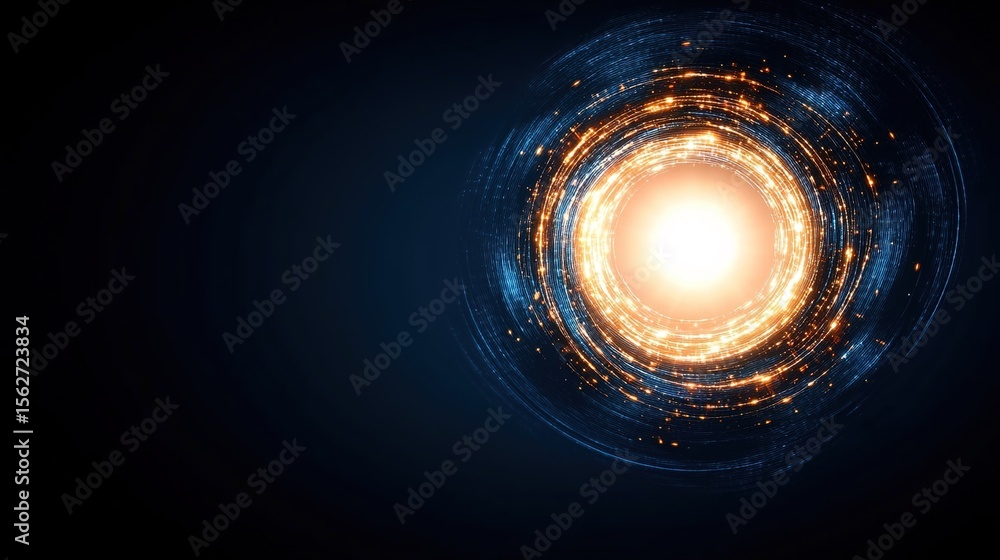 Poster radiant orb with glowing particles on dark background space effect