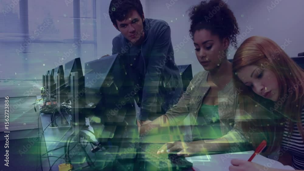 Poster prompted by colleague scanning screen, curly-haired woman coding as data overlays visualizing data
