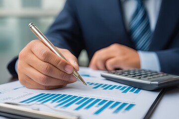 Close-up of businessman reviewing financial charts, holding pen, using calculator
