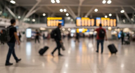 Blurred airport scene with travelers pulling luggage and illuminated flight information boards