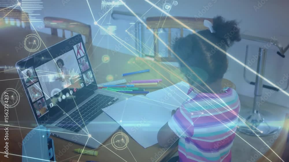 Poster girl logging into online class and picking pencil to take notes while writing with network overlay